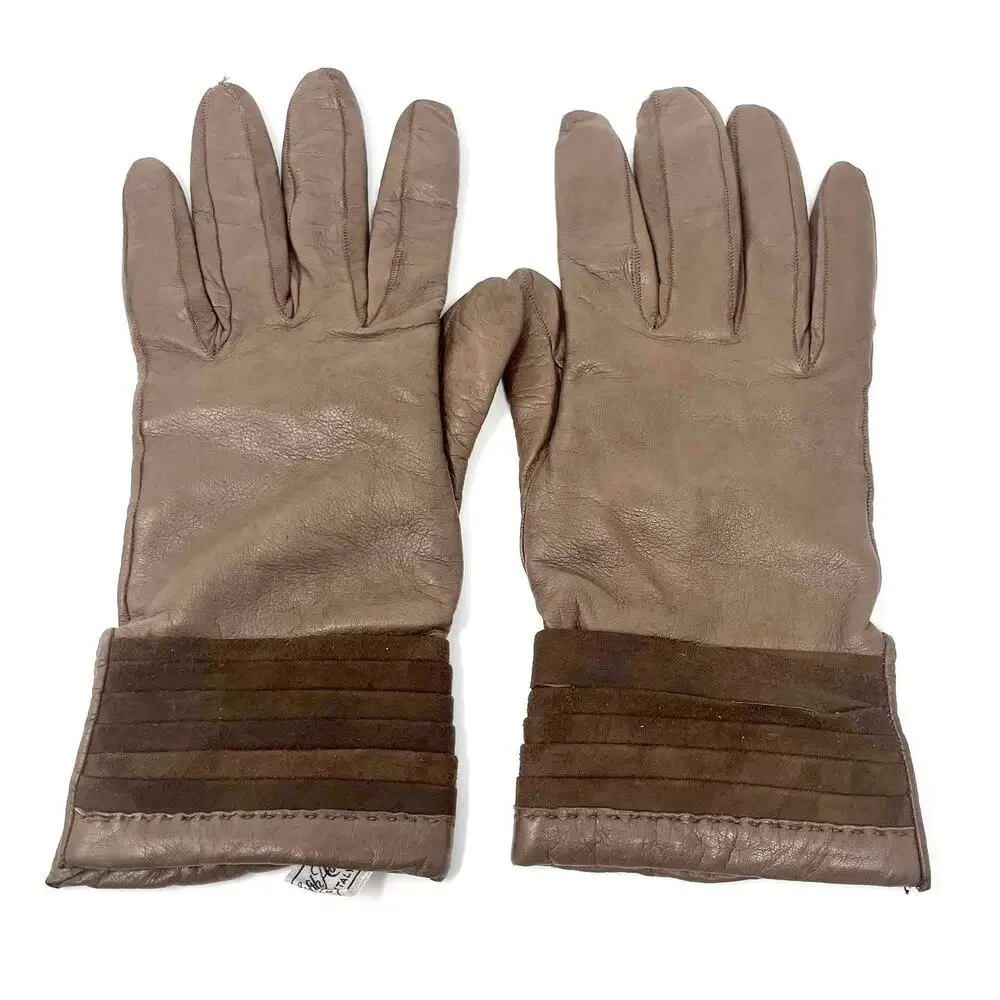 90s SAKS FIFTH AVENUE Vintage Brown Leather Knit Gloves